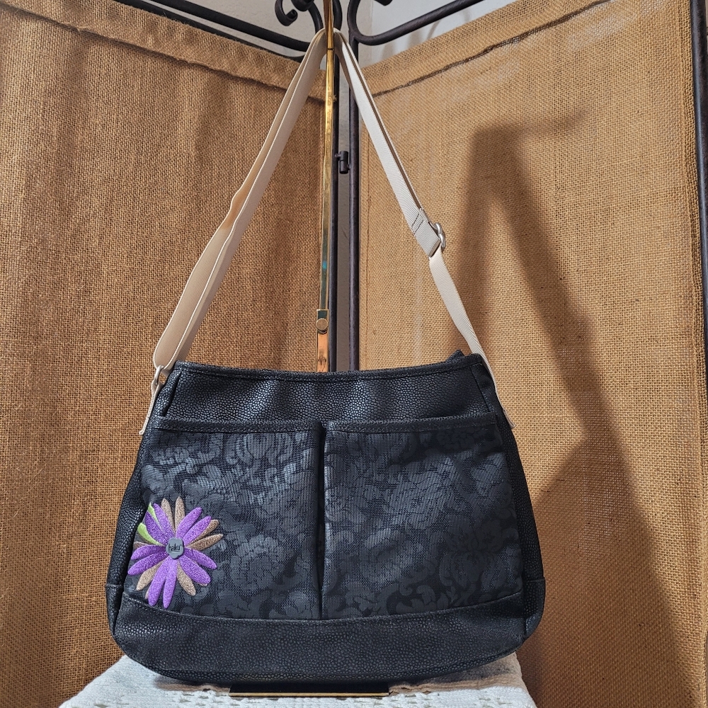 Haiku Black Faux Leather With Purple Embroidered Flower